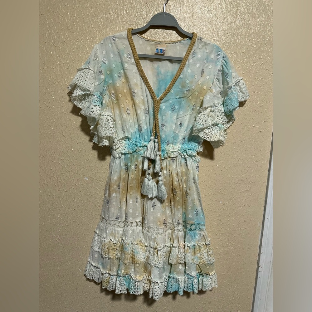 Boho‎ Tassel Dress Size Medium Lace Ruffle Multicolored